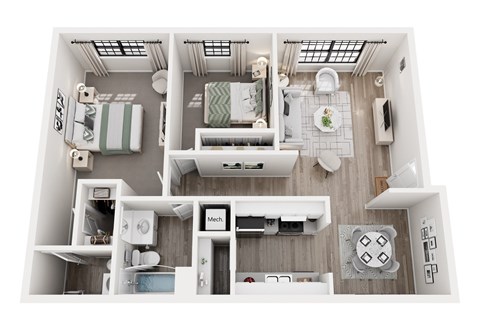 Floor plan for 2 beds, 1.5 baths, 980 sqft